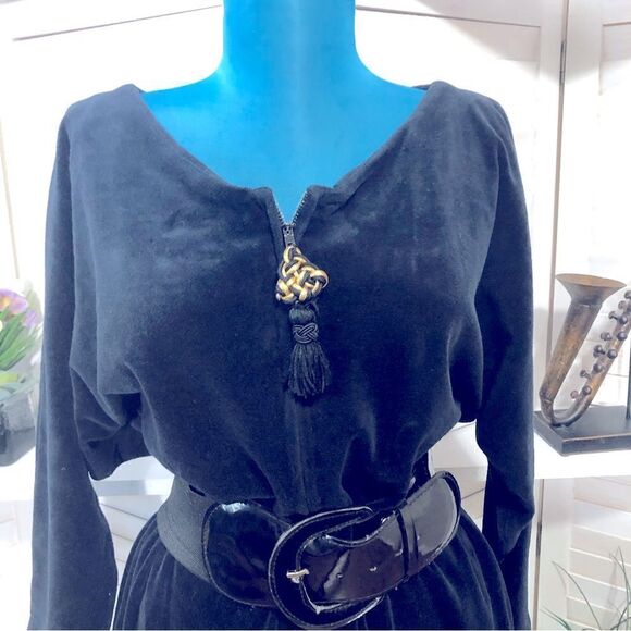 Sacks Fifth Ave vintage 70s 80s oversized blue velour long sleeves midi dress S - Picture 9 of 11